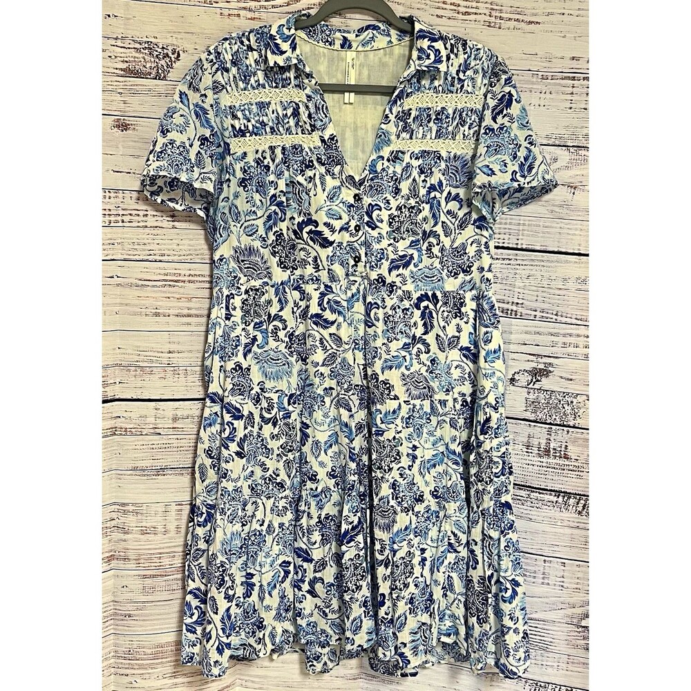 Anthropologie Blue White Toile Floral Tiered Boho Midi Dress Cotton Pockets M